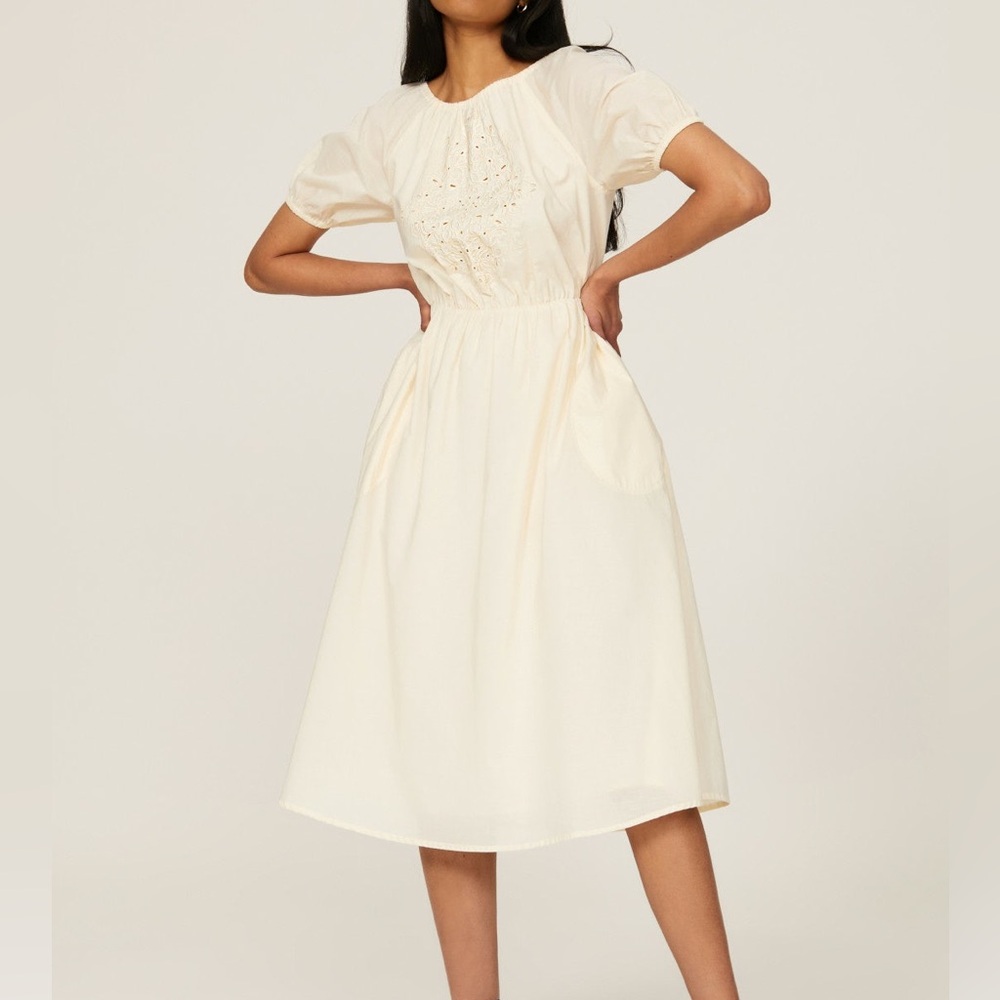 Pamela Love Embroidered Butter Yellow Open back Puff Sleeve Midi Dress Small